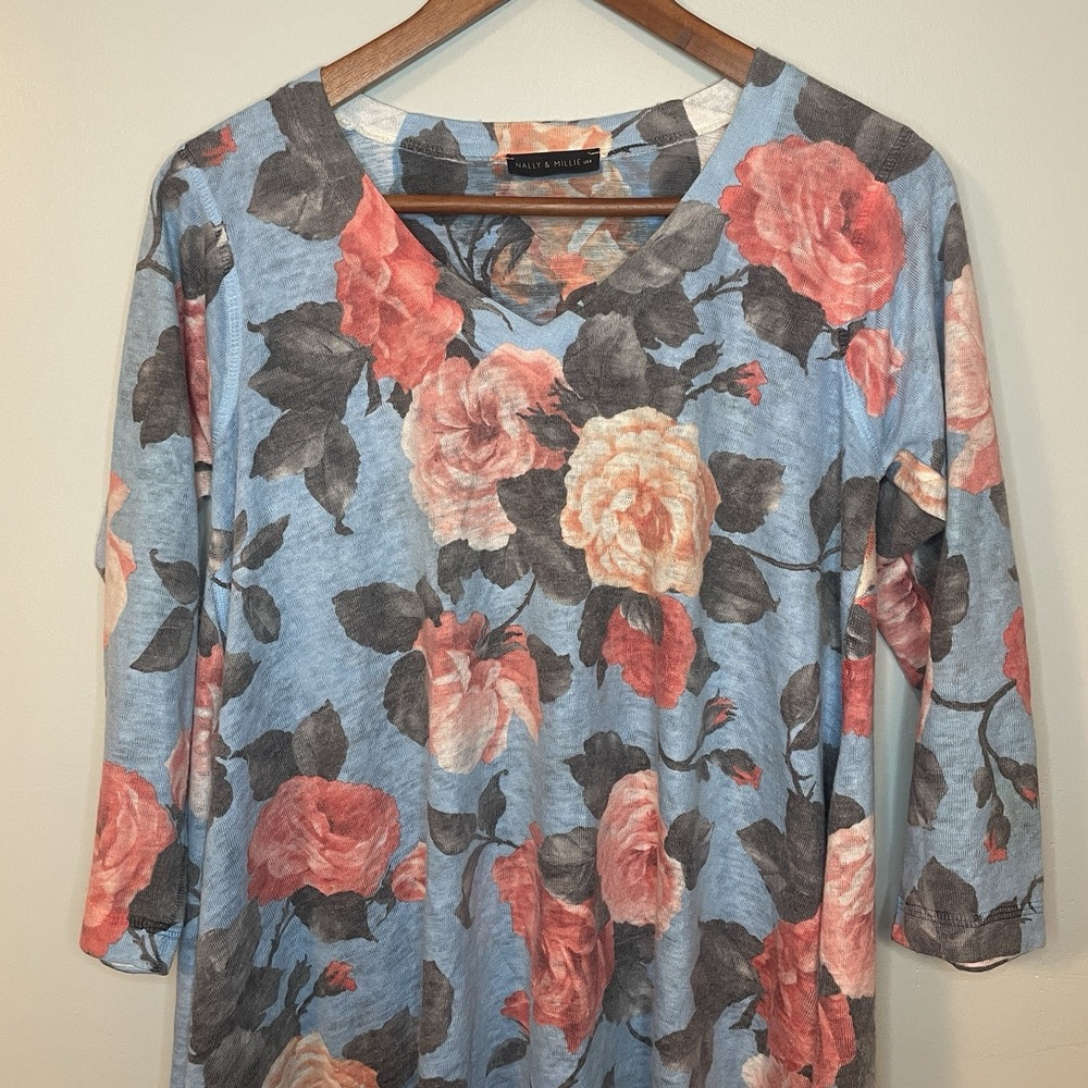 Nally Millie Floral Rose Top‎ Women S Blue Pink Boho Cottagecore Fall - Picture 2 of 5